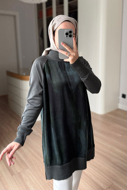 Side Zipper Patterned Turtleneck Mercerized Tunic - Khaki