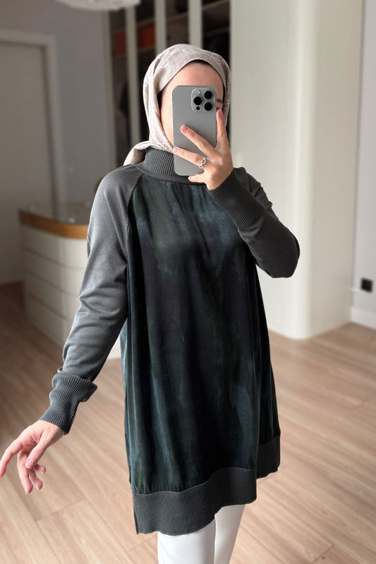 Side Zipper Patterned Turtleneck Mercerized Tunic - Khaki