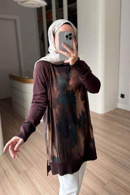 Side Zipper Patterned Turtleneck Mercerized Tunic - Brown