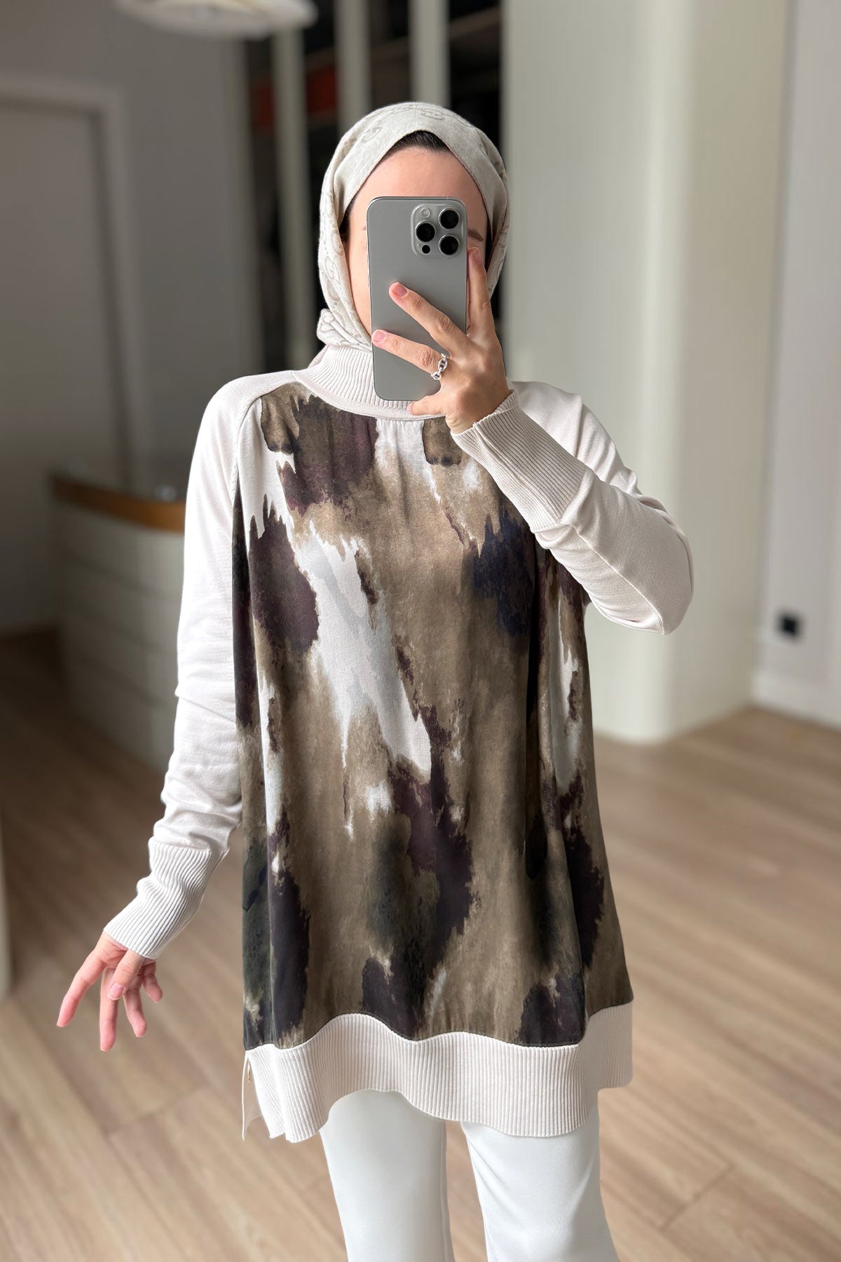 Side Zipper Patterned Turtleneck Mercerized Tunic - Cream