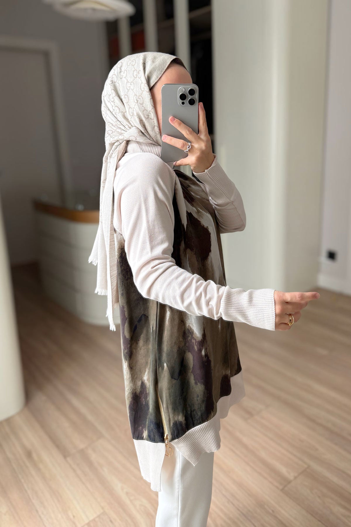 Side Zipper Patterned Turtleneck Mercerized Tunic - Cream