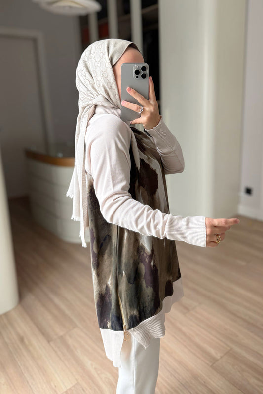 Side Zipper Patterned Turtleneck Mercerized Tunic - Cream