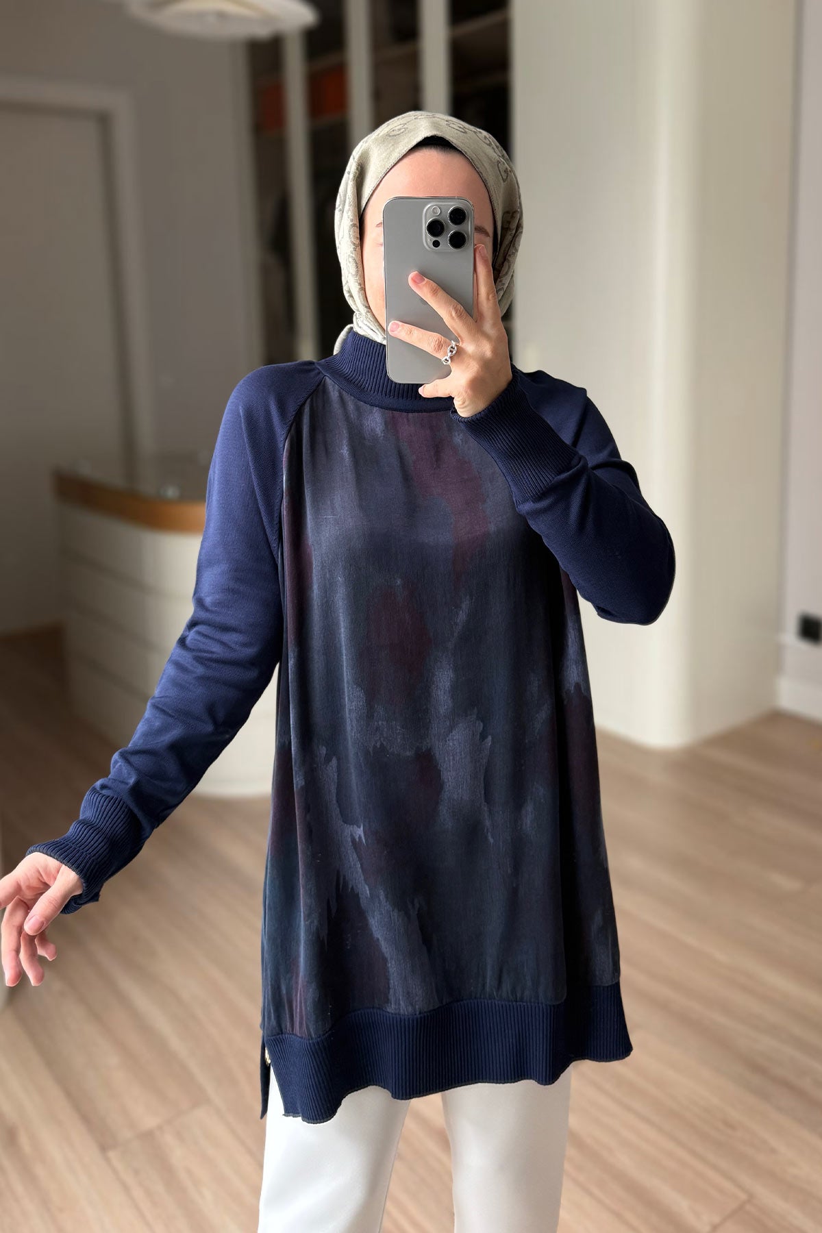 Side Zipper Patterned Turtleneck Mercerized Tunic - Navy Blue