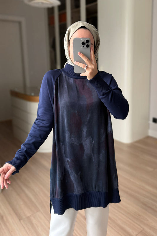 Side Zipper Patterned Turtleneck Mercerized Tunic - Navy Blue