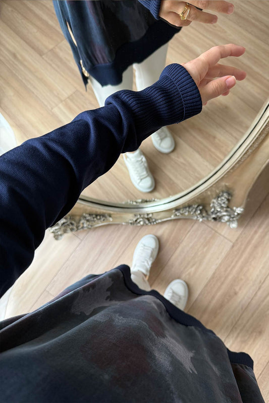 Side Zipper Patterned Turtleneck Mercerized Tunic - Navy Blue