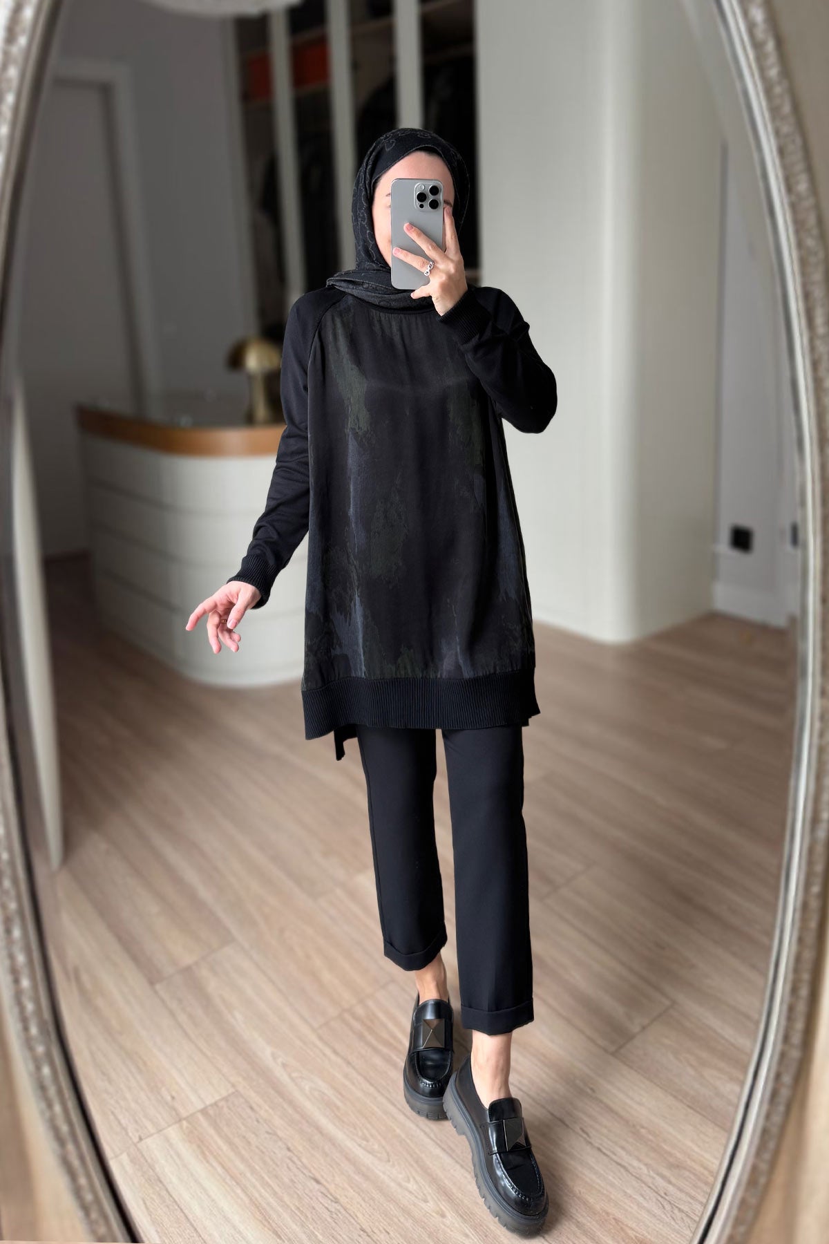 Side Zipper Patterned Turtleneck Mercerized Tunic - Black