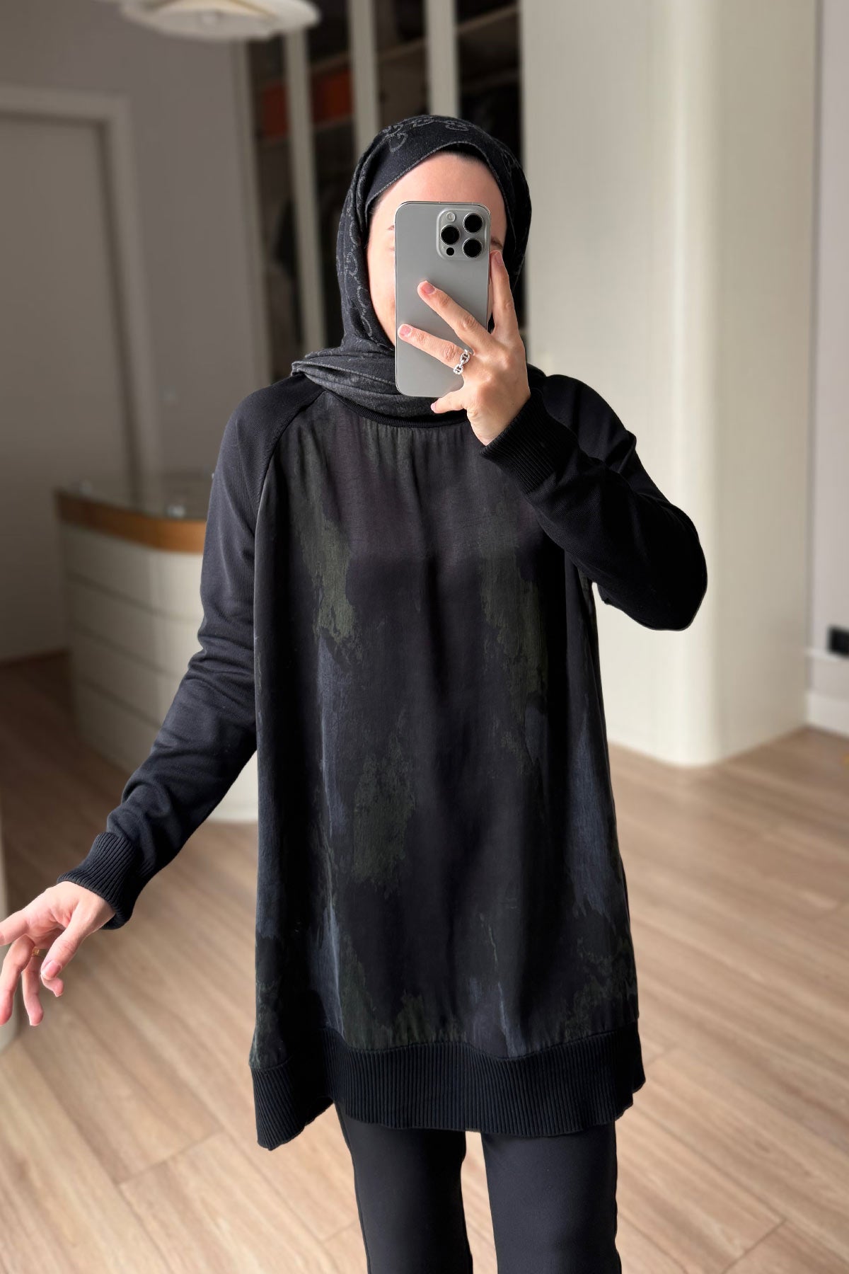 Side Zipper Patterned Turtleneck Mercerized Tunic - Black