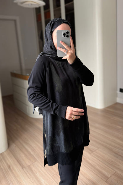 Side Zipper Patterned Turtleneck Mercerized Tunic - Black