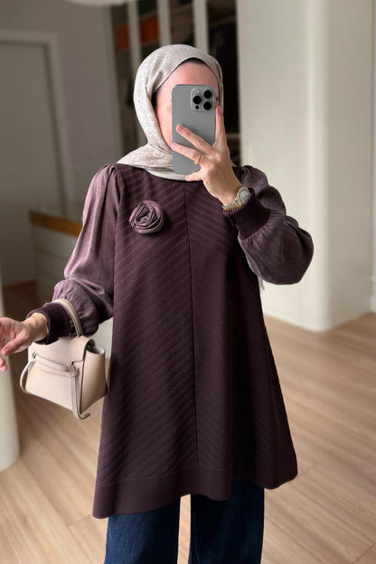 Rose Detail Mercerized Tunic - Brown