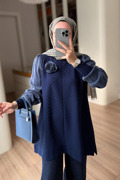 Rose Detail Mercerized Tunic - Navy Blue