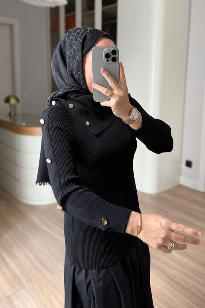 Asymmetric Collar Button Detail Knitted Blouse - Black