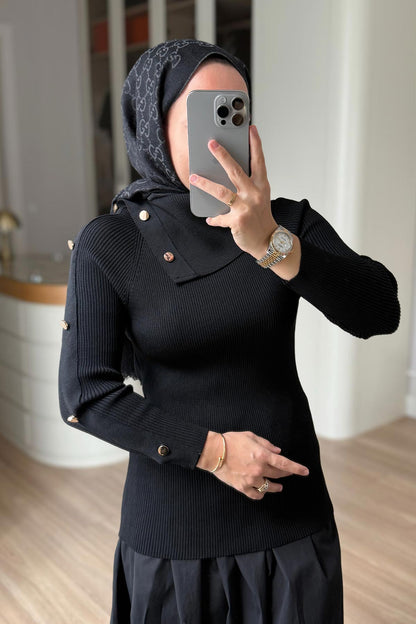 Asymmetric Collar Button Detail Knitted Blouse - Black