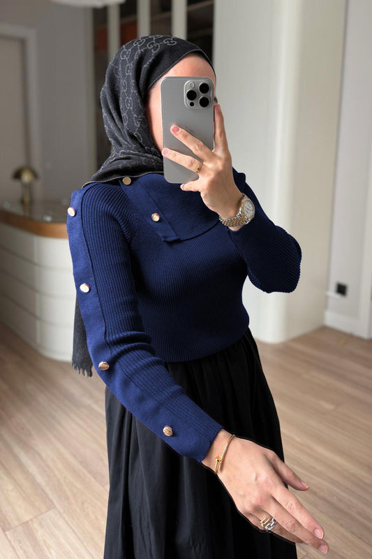Asymmetric Collar Button Detail Knitted Blouse - Navy Blue