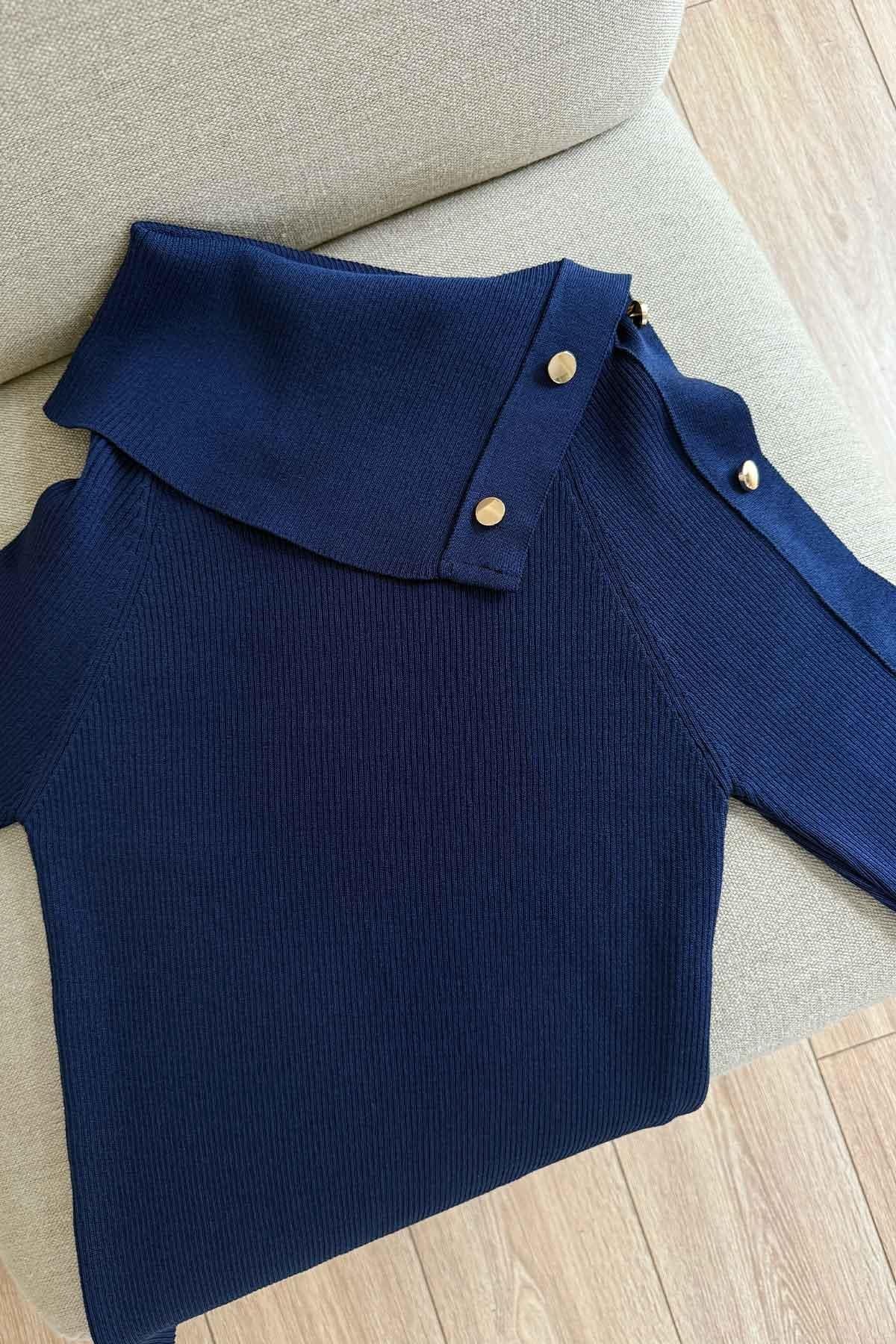 Asymmetric Collar Button Detail Knitted Blouse - Navy Blue