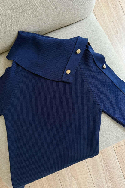 Asymmetric Collar Button Detail Knitted Blouse - Navy Blue