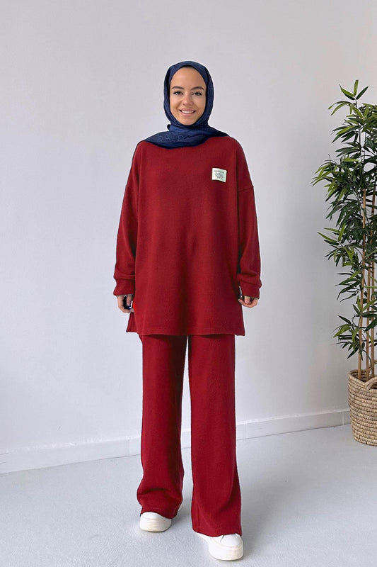 Wide Leg Knitwear Suit - Burgundy