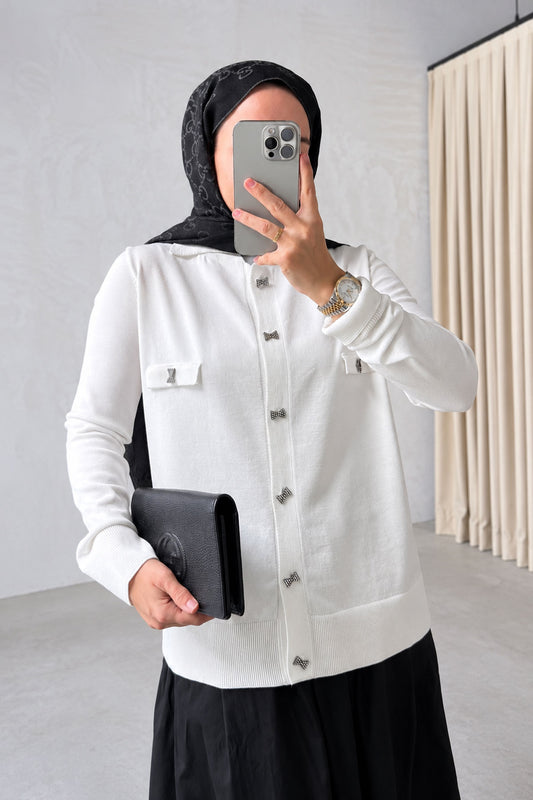 Brooch Detail Mercerized Cardigan - White