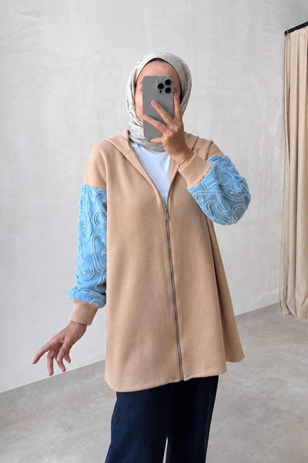 Knitwear Cardigan with Denim Detail - Camel