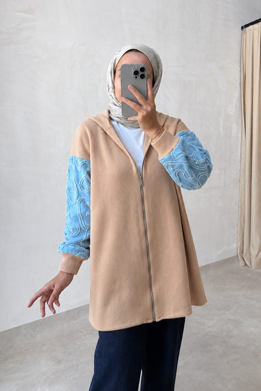 Knitwear Cardigan with Denim Detail - Camel