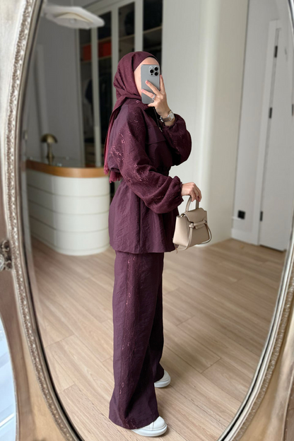 Lace-Detail Two-Piece Suit - Burgundy