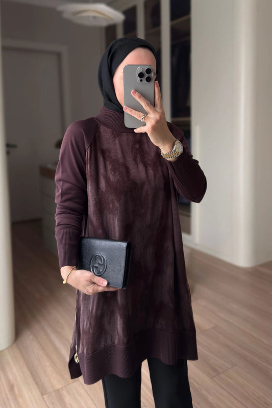 Patterned Silk Cupra Mercerized Tunic – Brown
