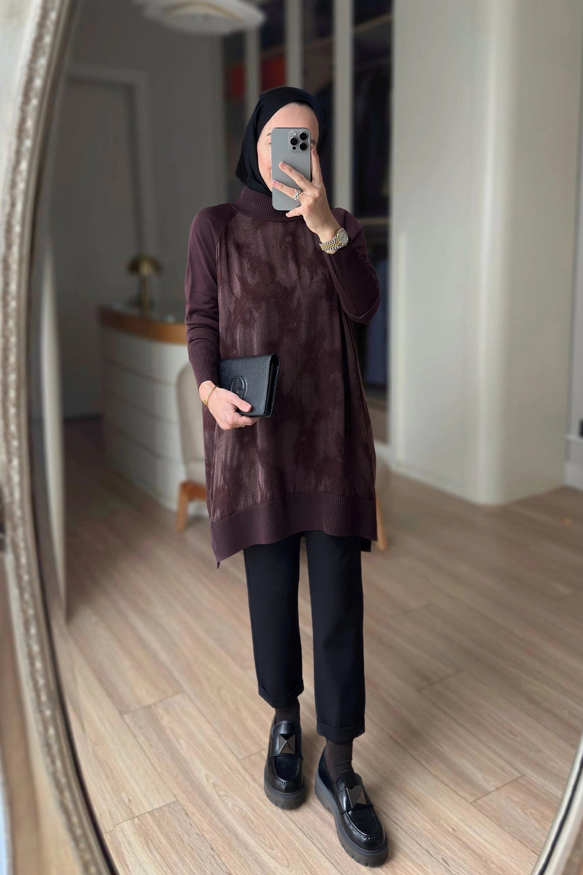 Patterned Silk Cupra Mercerized Tunic – Brown