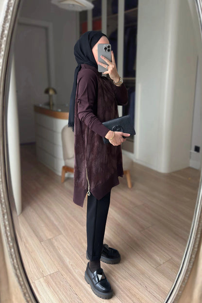 Patterned Silk Cupra Mercerized Tunic – Brown