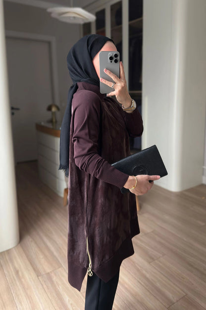 Patterned Silk Cupra Mercerized Tunic – Brown