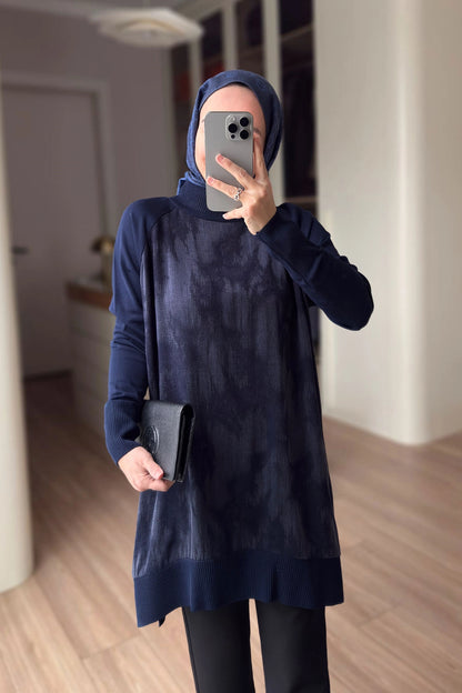 Patterned Silk Cupra Mercerized Tunic – Navy Blue