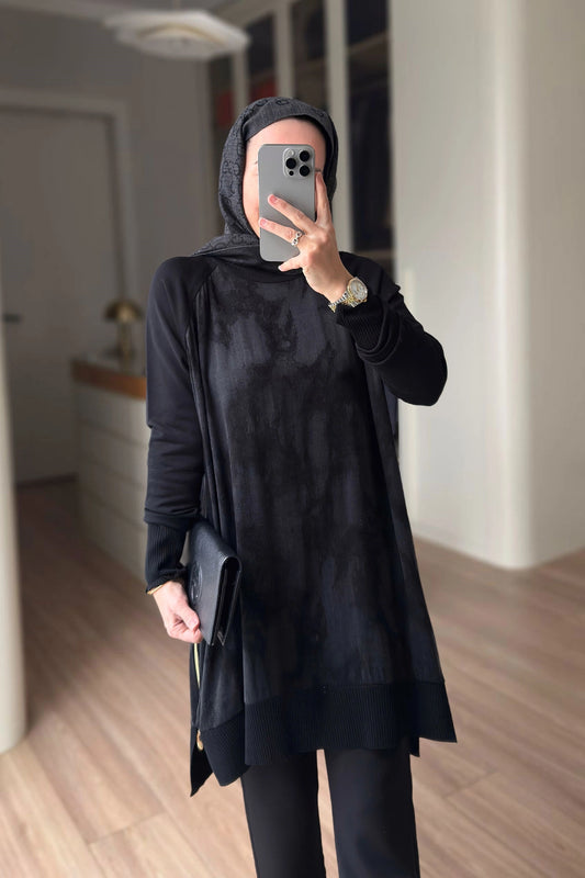 Patterned Silk Cupra Mercerized Tunic – Black