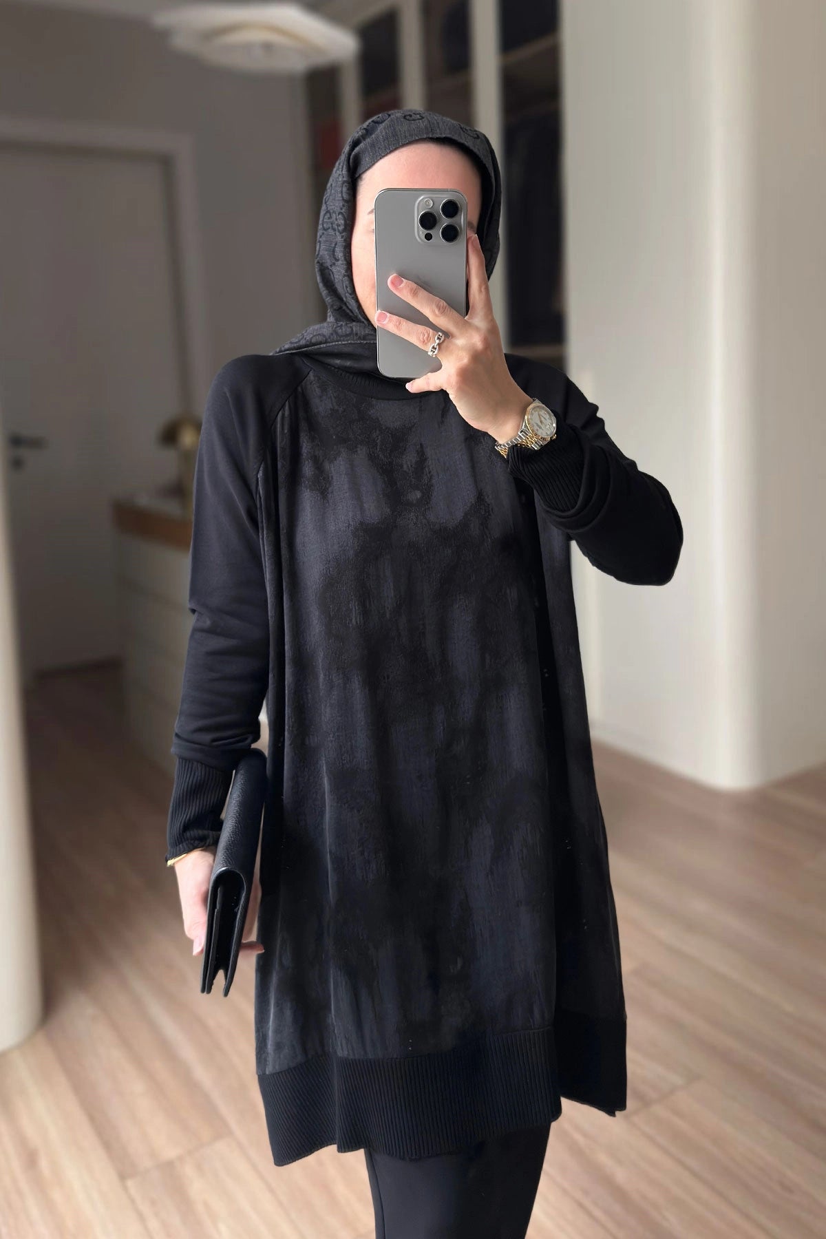 Patterned Silk Cupra Mercerized Tunic – Black