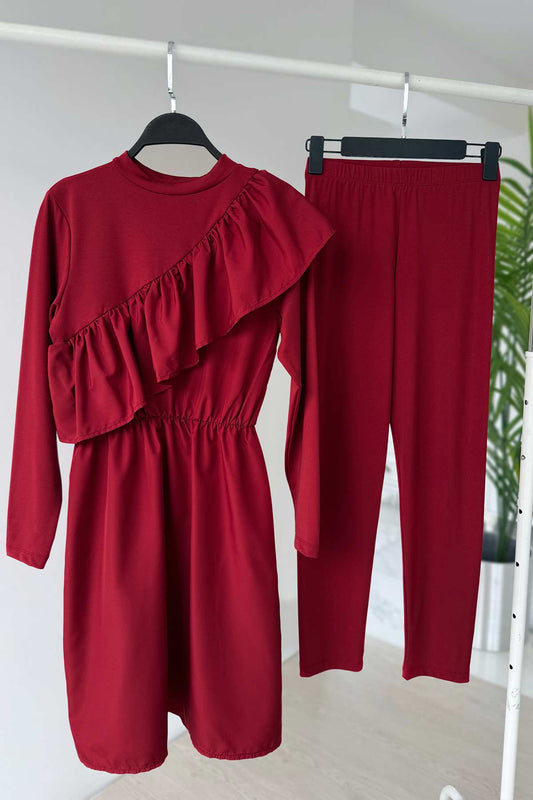 Ruffle Detail Modest Swimsuit - Burgundy