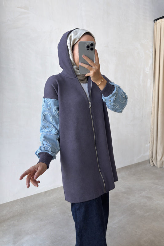 Knitwear Cardigan with Denim Detail - Smoked Colored