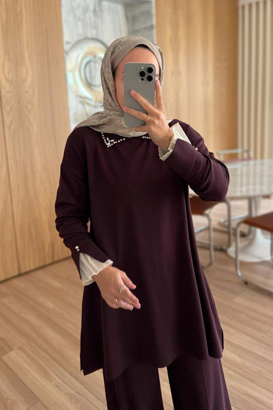 Mercerized Suit with Tulle Sleeves - Plum