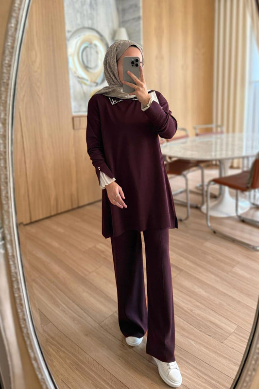 Mercerized Suit with Tulle Sleeves - Plum