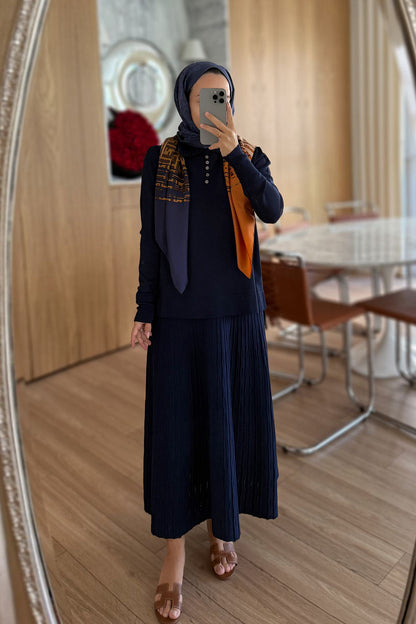 Wave Pattern Skirted Mercerized Suit - Navy Blue