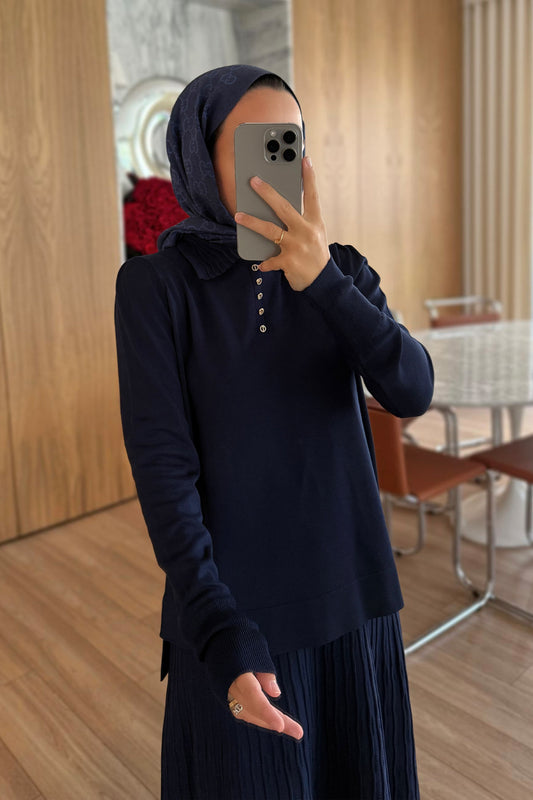 Wave Pattern Skirted Mercerized Suit - Navy Blue