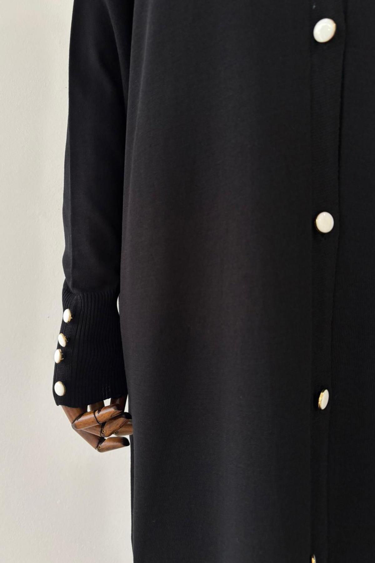 Maxi-Length Buttoned Mercerized Cardigan - Black