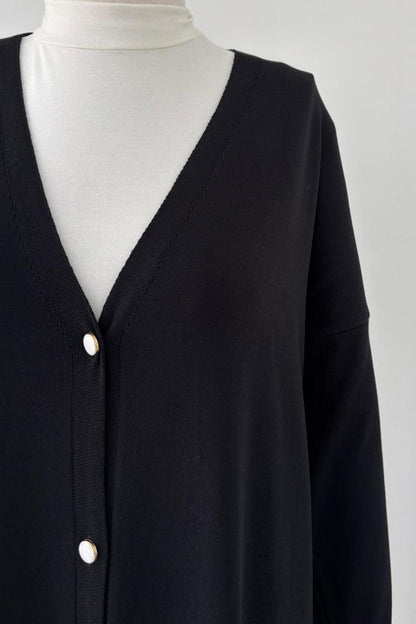Maxi-Length Buttoned Mercerized Cardigan - Black