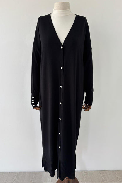 Maxi-Length Buttoned Mercerized Cardigan - Black