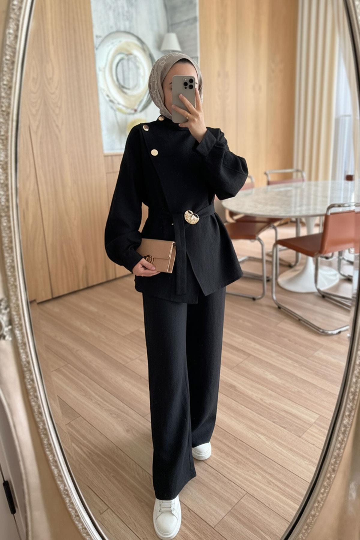 Trench Coat Suit with Shoulder Buttons - Black