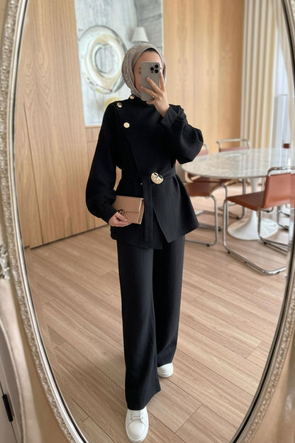 Trench Coat Suit with Shoulder Buttons - Black