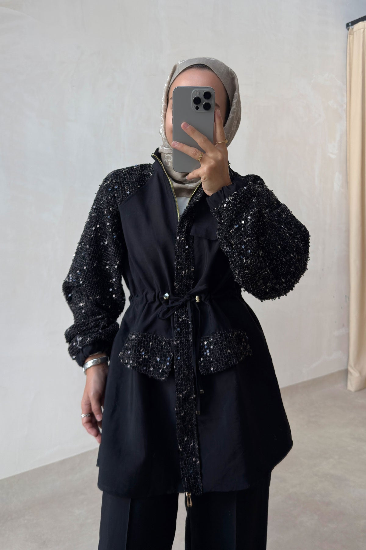 Sequin Two-Piece Suit with Drawstring Waist - Black