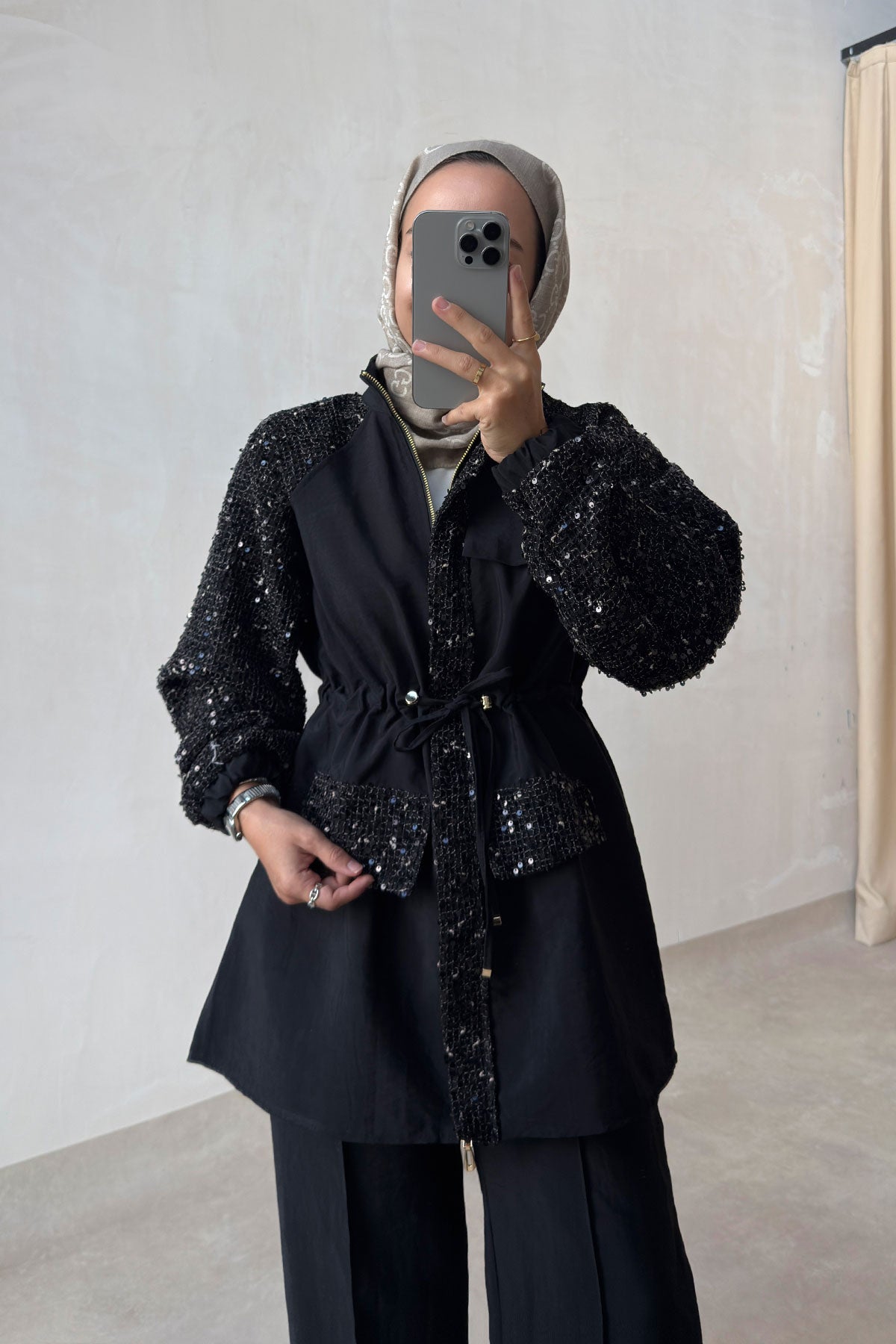 Sequin Two-Piece Suit with Drawstring Waist - Black