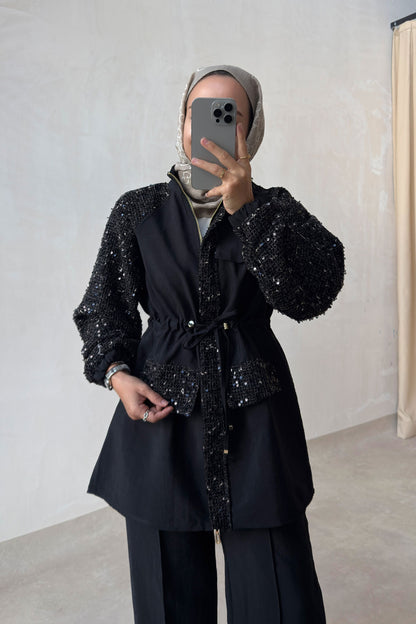 Sequin Two-Piece Suit with Drawstring Waist - Black