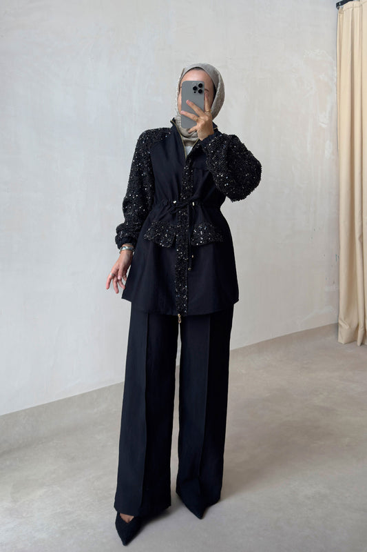 Sequin Two-Piece Suit with Drawstring Waist - Black