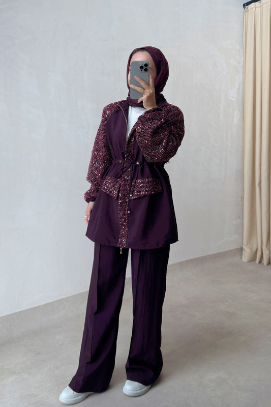 Sequin Two-Piece Suit with Drawstring Waist - Burgundy
