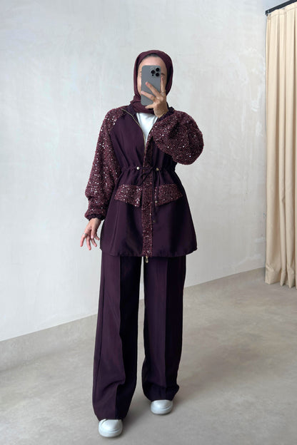 Sequin Two-Piece Suit with Drawstring Waist - Burgundy