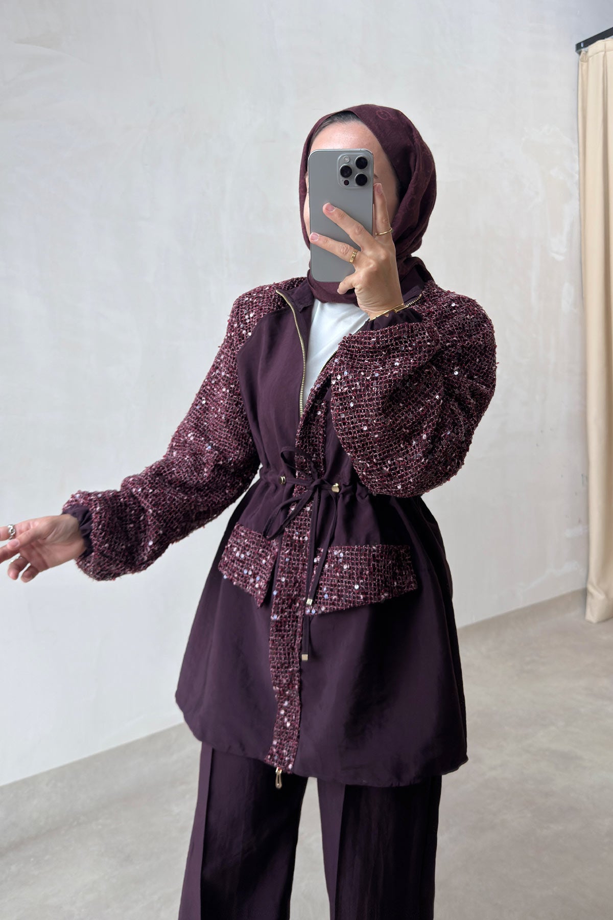 Sequin Two-Piece Suit with Drawstring Waist - Burgundy