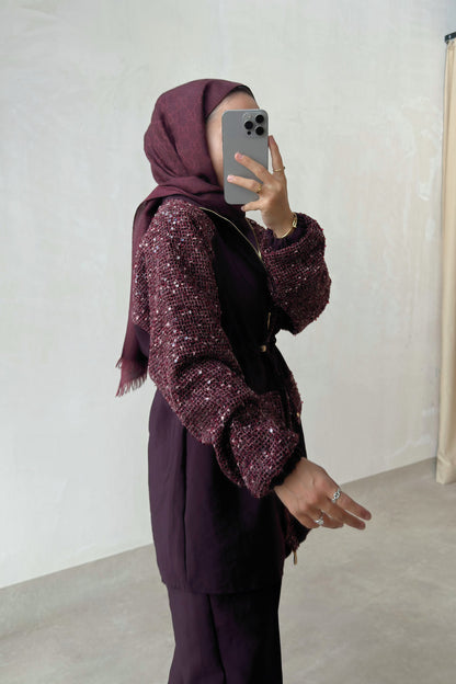 Sequin Two-Piece Suit with Drawstring Waist - Burgundy